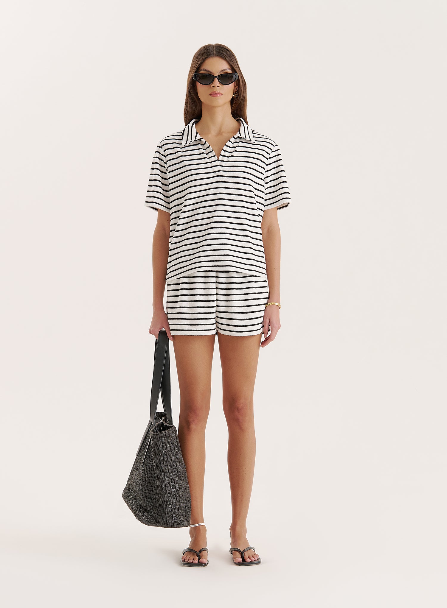 Black And White Stripe Towelling Short Sleeve Polo Top